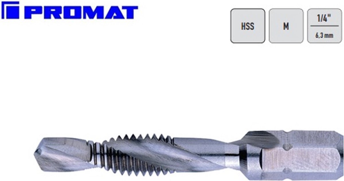 Promat Combidraadsnijboorbit HSSG - kerngat ø 3,3 mm - 1/4 aandrijving - ø M4 mm schroefdraad - 4000867334