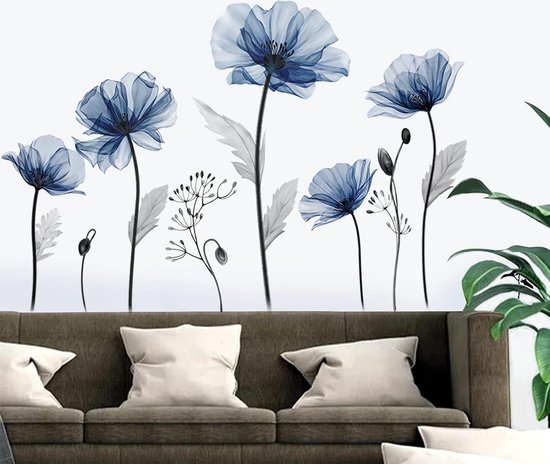 Stickers muraux en forme de fleur de pavot en fleurs en Blauw - Décoration murale murale pour salon et chambre à coucher