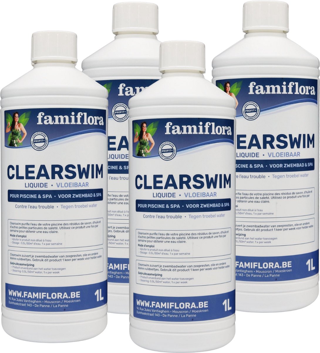Famiflora Clearswim vloeibaar 4 liter (4x 1L) – tegen troebel water! – Voordeelverpakking Famiflora Clearswim vloeibaar 4 liter (4x 1L) – tegen troebel water! – Voordeelverpakking