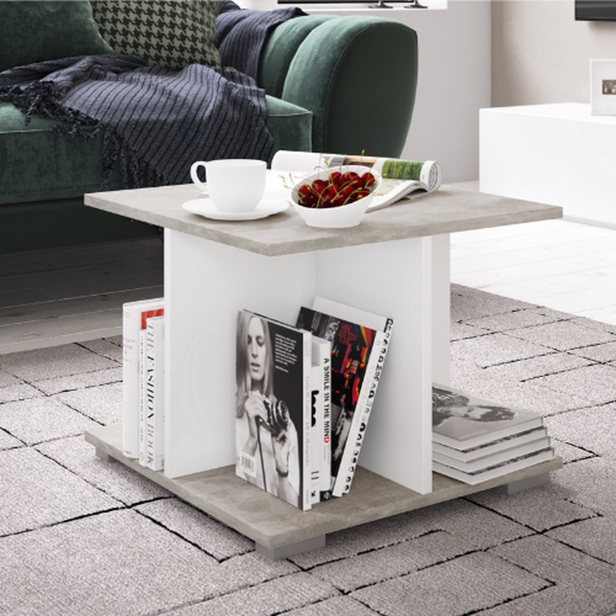 Salontafel Annelieke 50x50 Cm 4 Open Vakken-wit/beton - Emob - Salontafel - Wit - Melamine; Spaanplaat