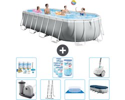 Intex Ovaal Prism Frame Zwembad - 610 x 305 x 122 cm - Grijs - Inclusief Pomp - Ladder - Grondzeil - Afdekzeil Onderhoudspakket - Filters - Stofzuiger