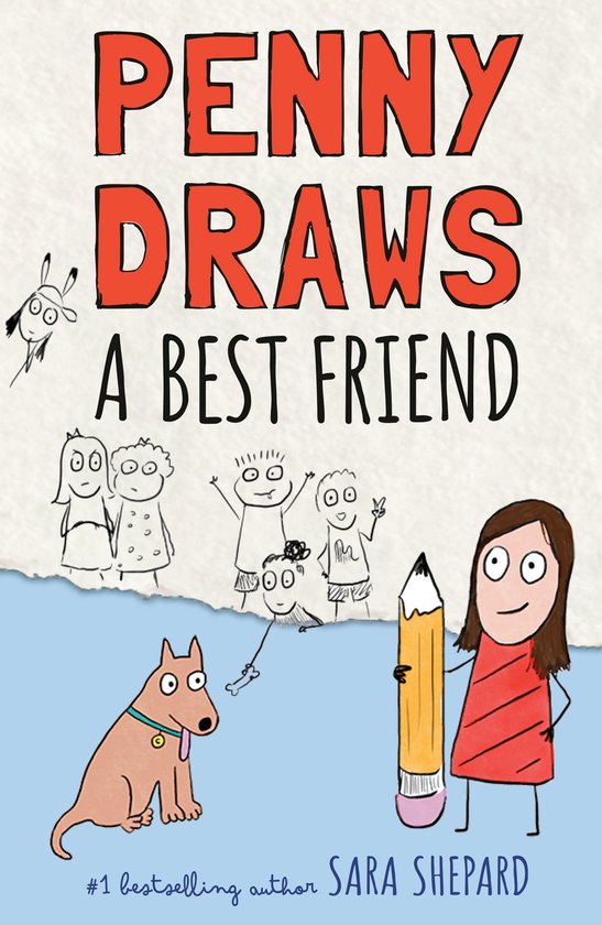 Boekomslag van "Penny Draws A Best Friend" met tekeningen van kinderen, een hond en een meisje met een potlood.