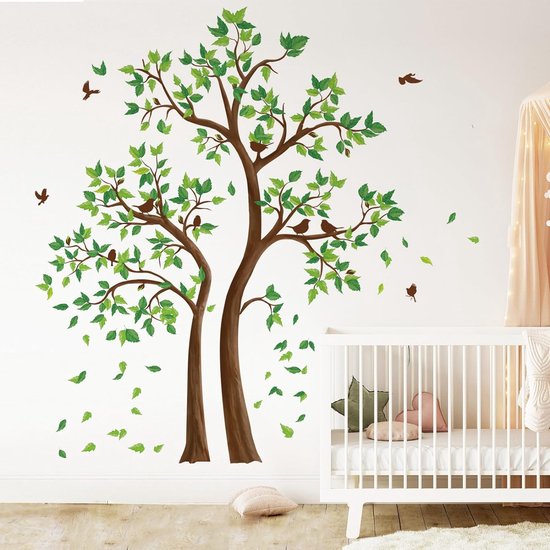 Stickers muraux arbre Groot -légumes, feuilles, Vogels volants, Muursticker pour salon et chambre à coucher