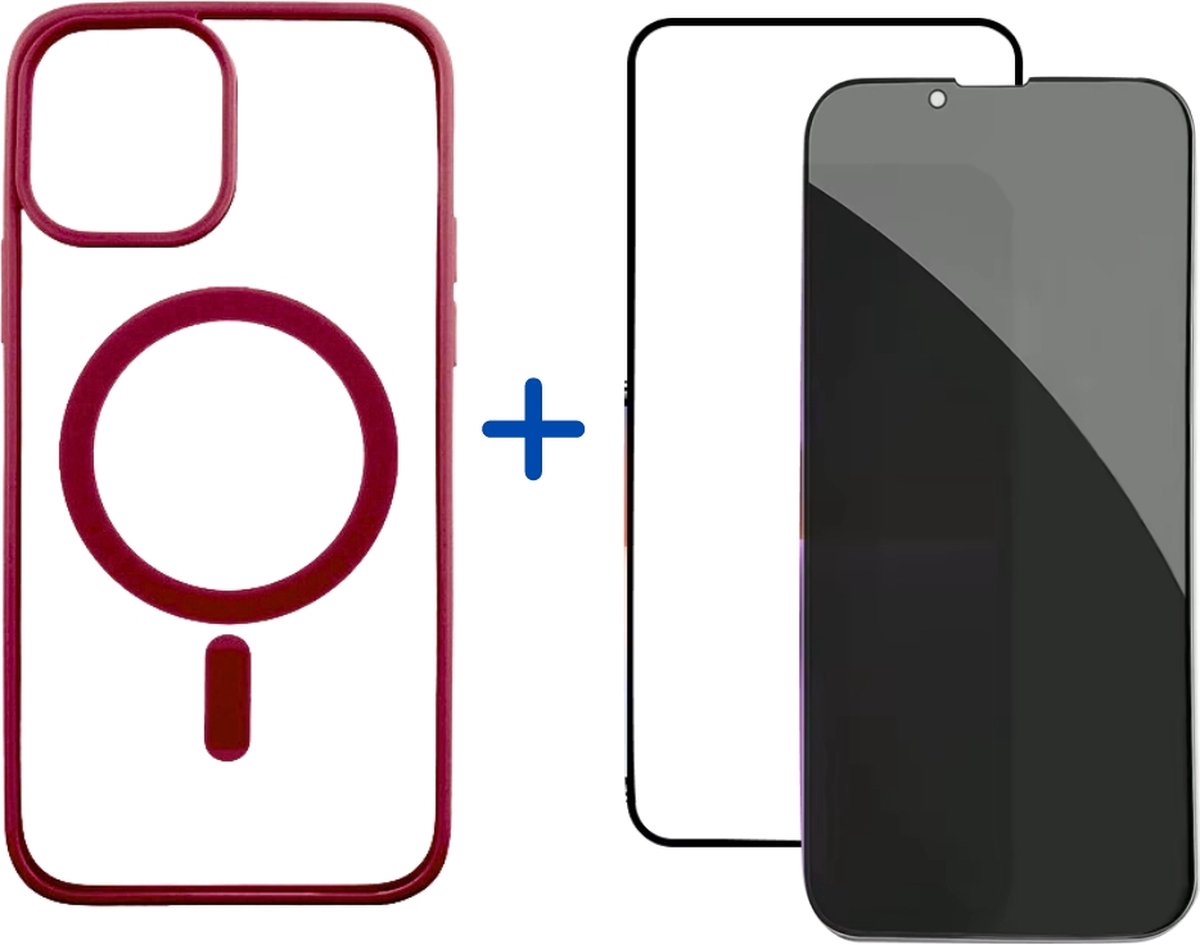 Optimity hoesje voor iPhone 12 PRO Clear Case Magnetic wijnrood + Gehard Glas Schermbeschermer