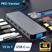 13 in 1 USB-C Hub - Docking Station – Laptop - Docking Station USB-C 3.0 – USB-C 100W opladen - 2x 4K HDMI - 1x VGA - Ethernetport