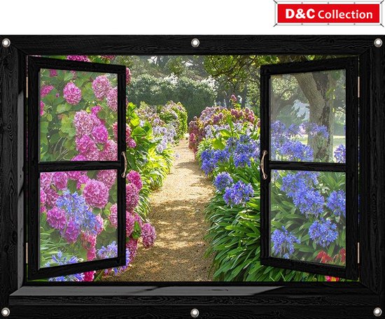 D&C Collection - SCHUTTINGPOSTER - 90x65 cm - doorkijk - ZWART venster hortensia tuin - zonder huis - tuindecoratie - tuindoek - tuin decoratie - tuinposters buiten - tuinschilderij