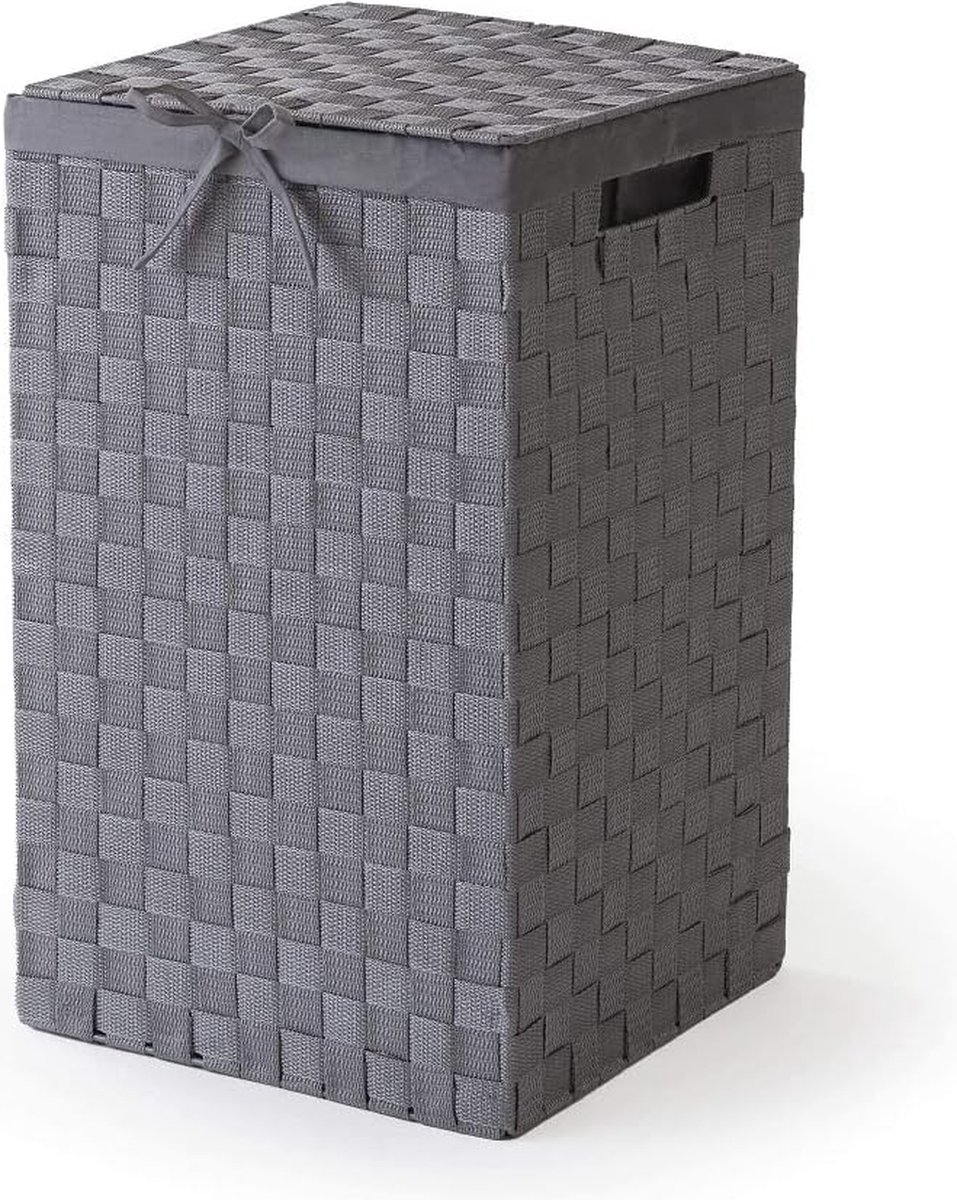 Goedkoopste Stan wasmand met deksel, handgrepen, geweven met metalen frame, uitneembare linnen voering, 30 x 30 x 50 cm, taupe