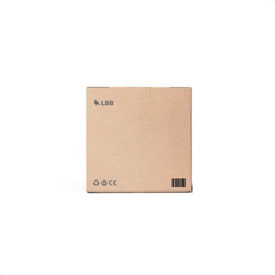 Boîte en carton marron avec logo LBB, icône de recyclage et marquage CE.