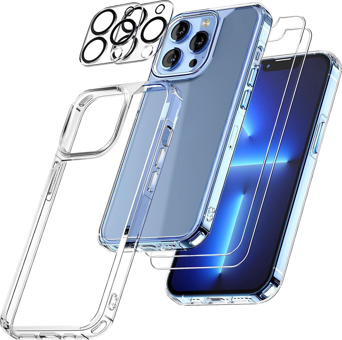 Nuvex - Hoes Geschikt voor iPhone 13 pro - Hoesje Transparant - Bundel met 2x Screenprotector + 2x Cameraprotector - Telefoonhoesje met Beschermglas - Case Doorzichtig