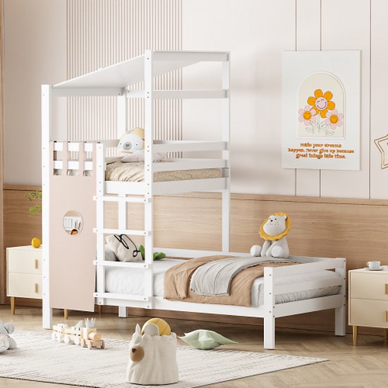 Merax Kinderbed 90x200 - Hoogslaper met Dak - Premium Massief Houten Bed met Lattenbodem - Wit