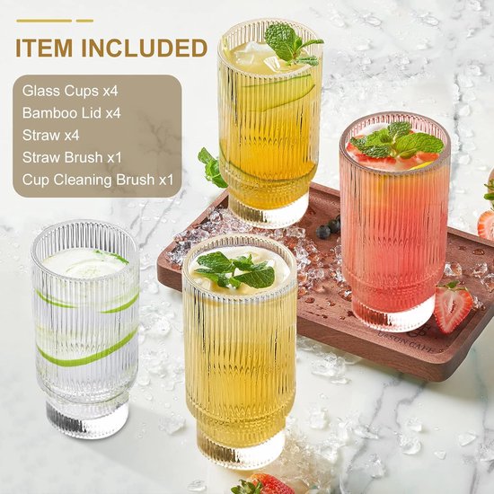 KIVY Drinkglazenset met glazen rietje, 4 x 450 ml, voor ijskoffie, water en cocktails, longdrinkglazen, ijskoffieglazen, koffieglazen, matcha en koffieglazen