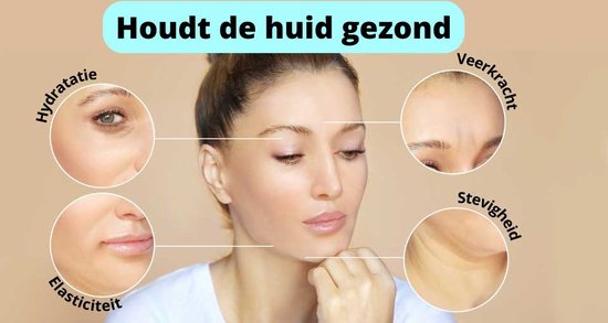 Vrouw met cirkels die huidverbetering tonen: hydratatie, elasticiteit, veerkracht en stevigheid.