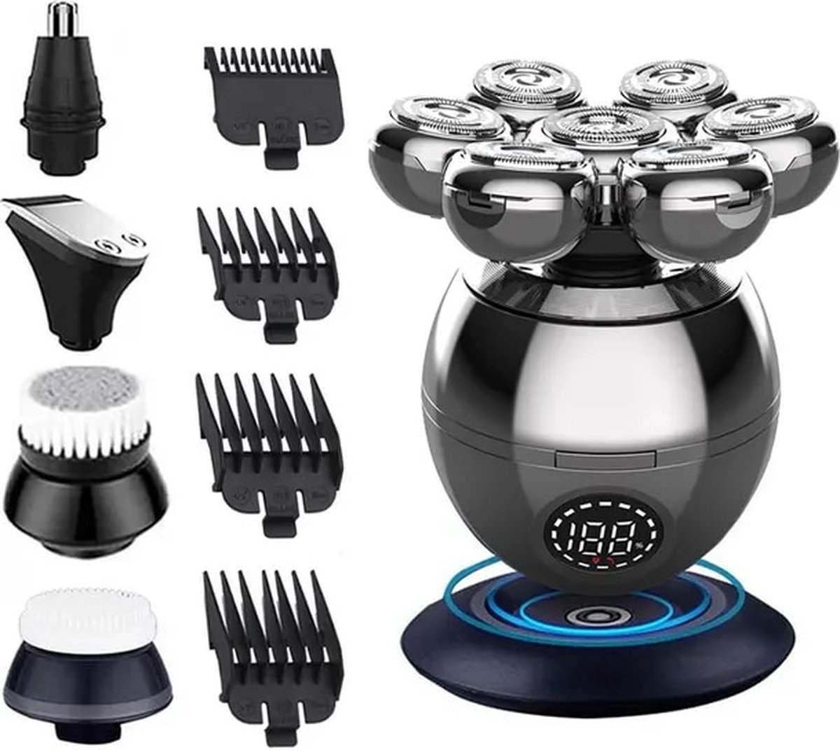 HITECHLY® - 8-in-1 Scheerapparaat Mannen - Skull Shaver – Bodygroomer - Neus & Baard Trimmer – Head Shaver - Draadloos Opladen - 7 Koppen - Zilver