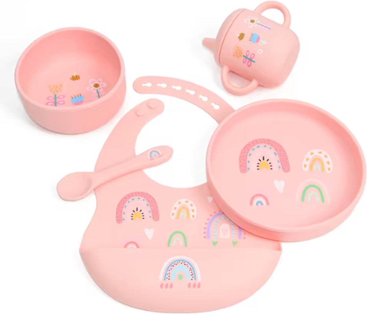 Goedkoopste Kinderservies - Kinderbord - Siliconen slab - Kinderservies set 5 delig - Baby Eet Set - Kinder Drinkbeker - Baby Cadeau - BPA VRIJ - Serviesset - Roze