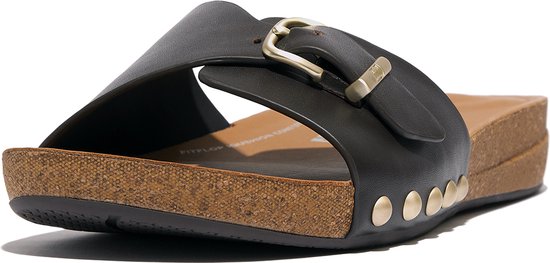 FitFlop Iqushion Adjustable Buckle Leather Slides BRUIN - Maat 40