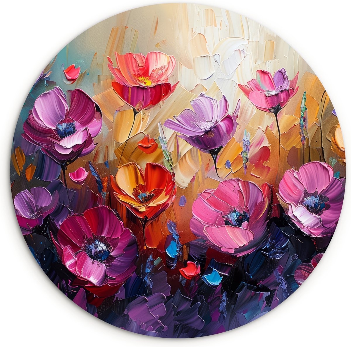 WallCircle Wandcirkel 120x120 cm - Muurcirkel Bloemen - Paars - Kleurrijk - Handgeschilderd - Kunst - Muurdecoratie woonkamer - Wanddecoratie slaapkamer - Kamer decoratie accessoires - Ronde schilderijen