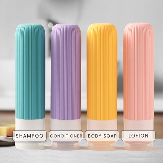 Set van 4 siliconen reisflessen, lege reisfles 90 ml, lekvrije reiscontainer, cosmetische fles klein, shampoo reisformaat, waterdicht en lekvrij, voor shampoo, cosmetica van Merkloos — afbeelding 4
