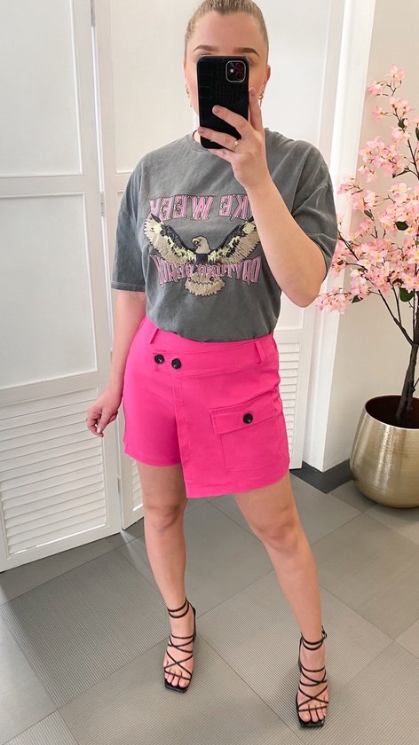 Oversized t-shirt met opdruk - Grijs/roze - Kleding voor dames - Wijd - Veel stretch - Zachte stof - Shirt voor vrouwen - Tshirt met bedrukking - One-size - Een maat