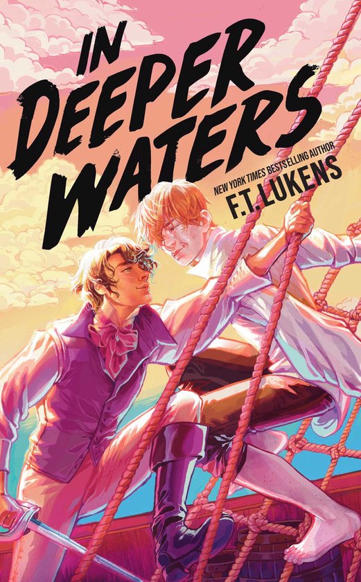 Boekomslag van 'In Deeper Waters' met twee jongens, F.T. Lukens, NY Times Bestselling Author.