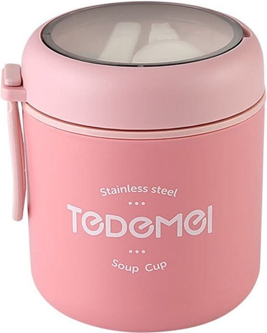 RVS soepkop met deksel en lepel Lunchbox Thermos Voedselfles Roestvrij staal geïsoleerde soeppotcontainer, 10.5*10.5*12cm, roze