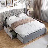 Sweiko Fluwelen gestoffeerd bed, Lades gemaakt van stevig gaas, Tweepersoonsbed met lattenbod en 4-bed lades, 140 x 200 cm, zonder matras, grijs