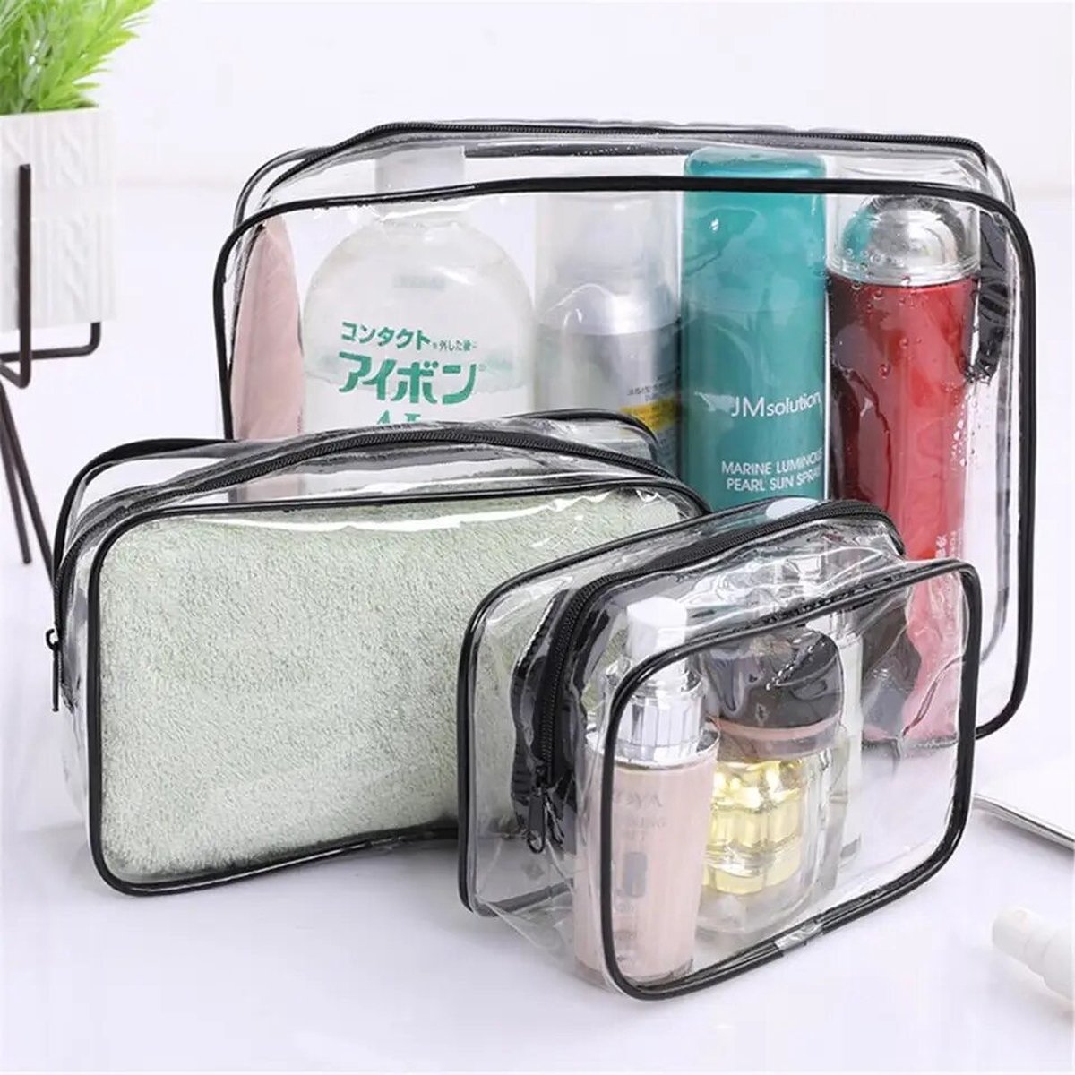 FA-VE Doorzichtige Toilettas Set van 3- Waterdichte Toilettas - Transparante Toilettas - Make-Up Tasjes - Reisorganizers - Set van 3 - Zwart/Transparant op Prijzenvolger.com