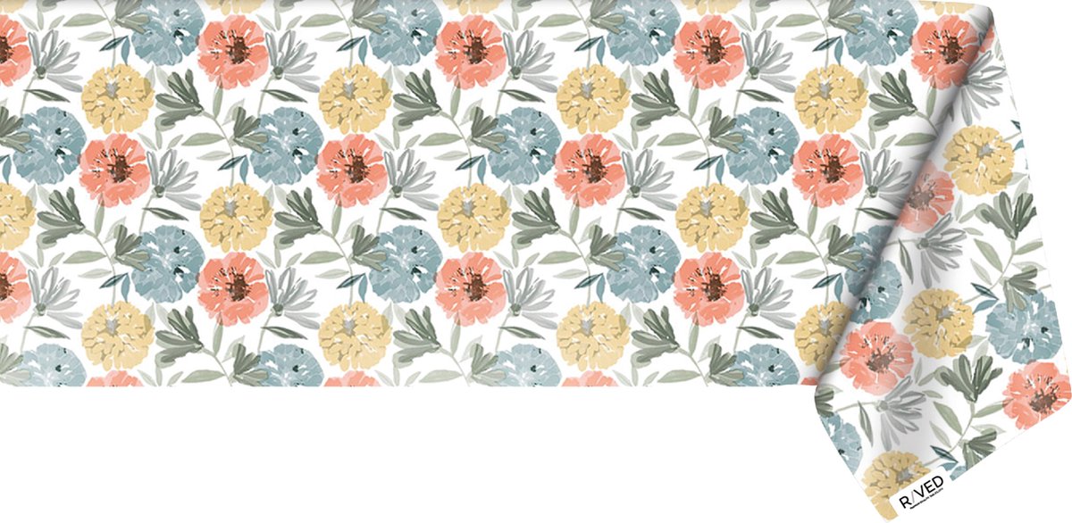 Raved Tafelzeil - 140 cm × 140 cm - Getekende Bloemen – Geel-Rood – PVC – Afwasbaar