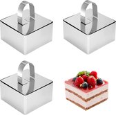 Set van 3 dessertringen en voedselringen, 8 cm serveerringen, roestvrij staal, voedselringen, taartring van hoge kwaliteit, stamper en mousse-sjablonen voor koken, bakken (vierkant)