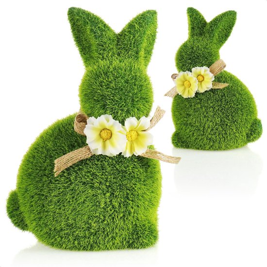 Lapin de Pâques avec nœud et Fleurs - Figurine de lapin en céramique pour le printemps - Couple de Lapins recouverts de Kunstgras - Décoration de Pâques - Décoration de Pâques (2 x Lapin - 17 cm)