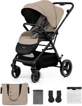 Beige kinderwagen met accessoires: tas, klamboe, adapters en regenhoes.