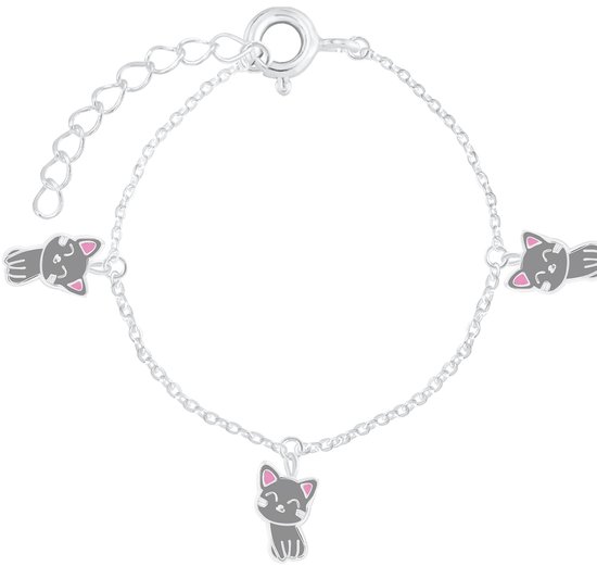 Joy|S - Zilveren kat poes bedel armband - 14 cm + 3 cm - 3 bedels - grijs met roze oortjes - voor kinderen