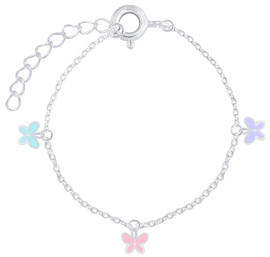 Joy|S - Zilveren vlinder bedel armband - 3 vlinders - roze vlinder - paarse vlinder - blauwe vlinder - 14 cm + 3 cm - voor kinderen