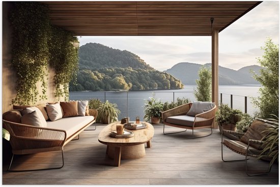 Poster Glanzend – Huis - Tuin - Terras - Lounge - Planten - Hout - 90x60 cm Foto op Posterpapier met Glanzende Afwerking