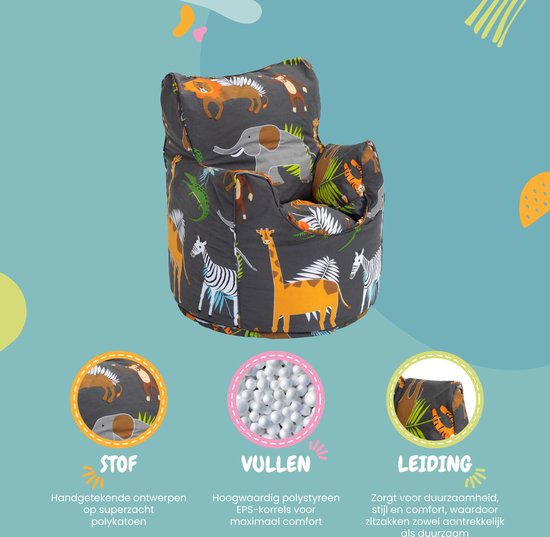Grijze zitzak met safari dierenprint. Beschrijft stof, vulling en leiding.