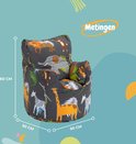Grijze zitzak met safari dierenprint. Afmetingen 60 cm hoog, 50 cm breed en 50 cm diep.
