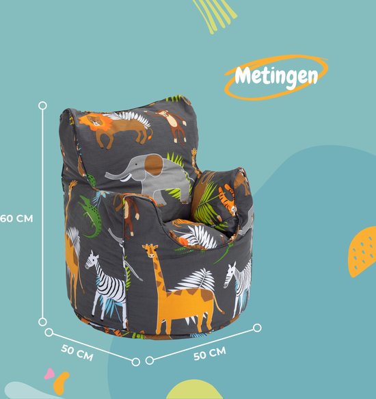 Grijze zitzak met safari dierenprint. Afmetingen 60 cm hoog, 50 cm breed en 50 cm diep.
