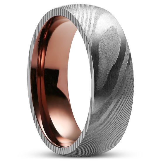 Lucleon - Fortis - Zilverkleurige ring voor heren van damaststaal en blauw titanium - 7 mm