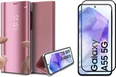 Hoesje geschikt voor Samsung Galaxy A55 - Screenprotector Volledig Dekkend Glas - Spiegel Book Case Rosegoud