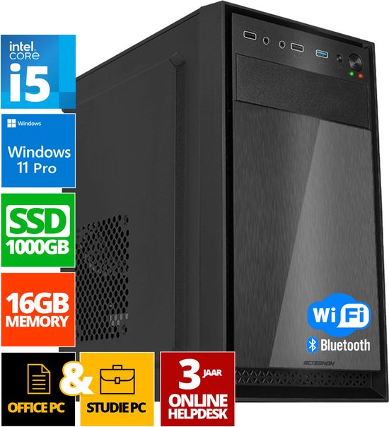 Intel Computer | Intel Core i5 | 16 GB DDR4 | 1 TB SSD | Office Desktop PC | Windows 11 Pro | met 3 jaar online helpdesk + WiFi & Bluetooth