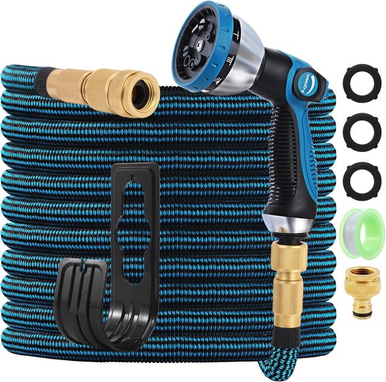 tuinslang 15 m, uitbreidbare waterslang met 10 functionele slang, extra sterkte 3750D flexibele slang met 3/4 inch massief messing beslag voor buiten