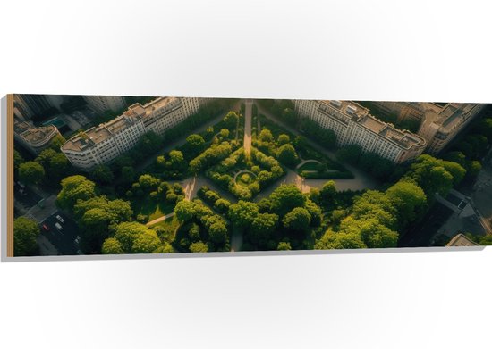 Hout - Gebouwen - Pleintje - Bomen - 150x50 cm - 9 mm dik - Foto op Hout (Met Ophangsysteem)