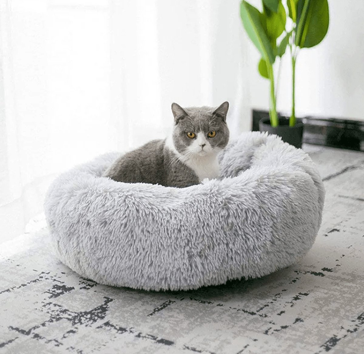 Fluffy kattenbed, rond, zacht pluche, hol met capuchon, kattenbed