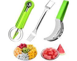 Meloensnijder, 3 stuks, roestvrij staal, watermeloensnijder, fruitsnijmes, vorksnijder, snijder, multifunctioneel fruitmes voor watermeloen, cantaloupe, papaja, drakenfruit