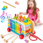 Xylofoon & trekspeelgoed & hamerspel & visspel, 4-in-1 houten speelgoed