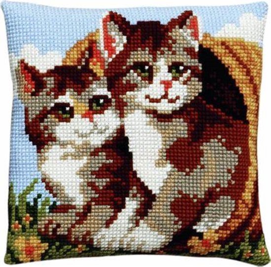 Pako borduurpakket kruissteek kussen- 2 katjes in rieten mand - geprint stramien - 003.194 - DIY kit