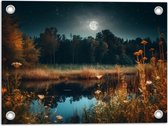 Tuinposter – Landschap - Maan - Sterren - Water - Bloemen - Planten - Nacht - Bomen - 40x30 cm Foto op Tuinposter (wanddecoratie voor buiten en binnen)