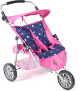 Jogger 3-wiel kinderwagen voor tweelingpoppen, roze denim