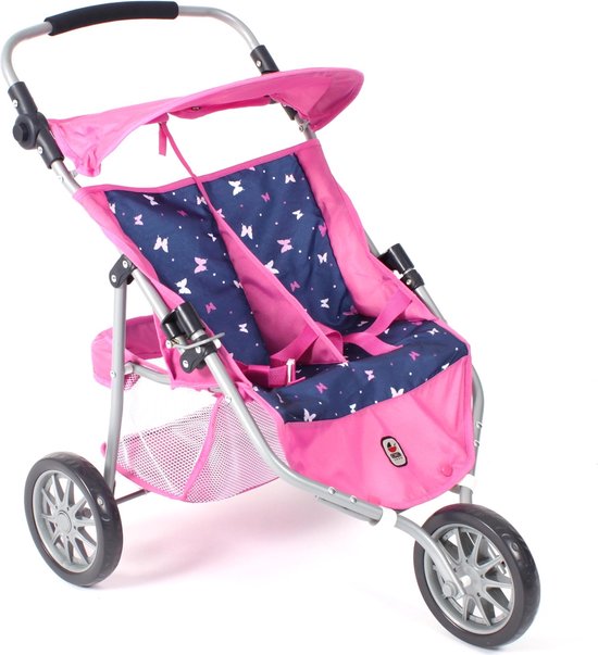 Jogger 3-wiel kinderwagen voor tweelingpoppen, roze denim