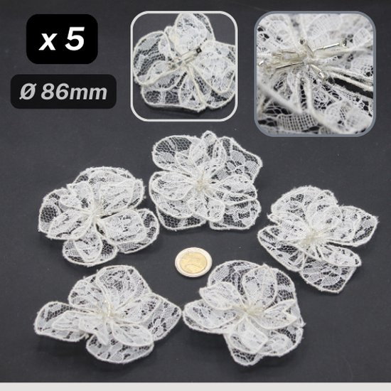 5 BROCHES FLEURS en DENTELLE avec Perles, sur Epingle, Diamètre 86MM, Couleur BLANC