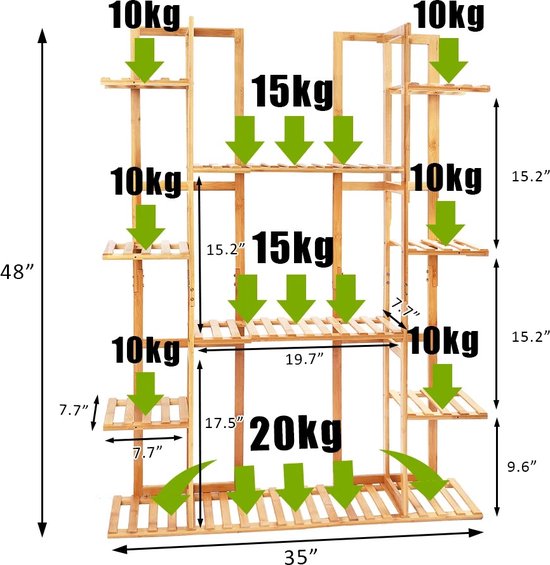 L.N. Store® Plantenrek - Wandplank Voor Planten - Bloempotten Houder - Ladder Kast - 9 laags - Binnen En Buiten - Bamboe - L.N. Store®